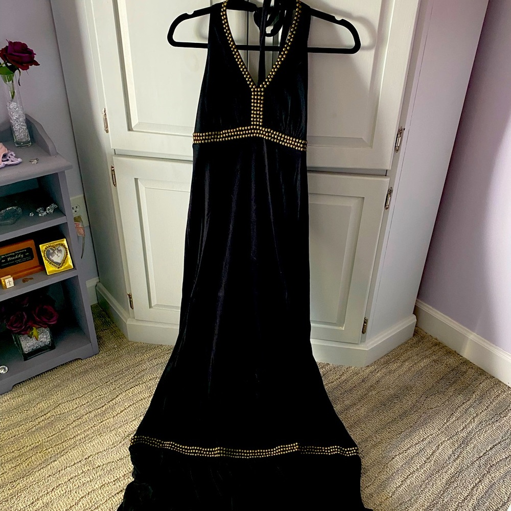 Long black halter dress with gold detail